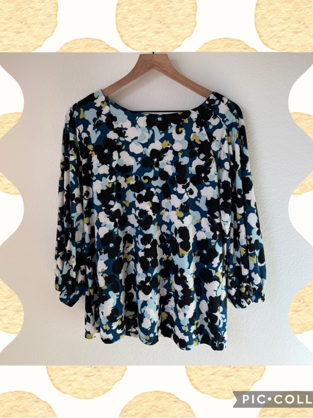 Halogen Abstract Floral Blouse in Black, Blue, White and Yellow, size medium